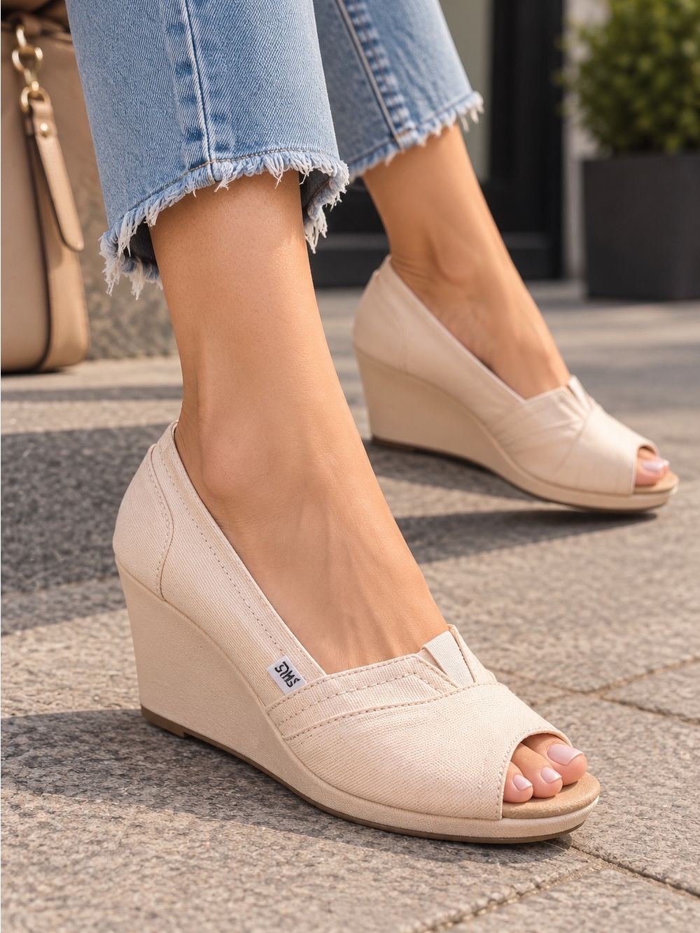 TOMS Women's Blush Peep-Toe Canvas Wedge Espadrilles